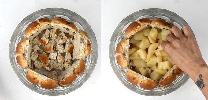 Assembling an Easter trifle by lining a large bowl with sliced hot cross buns