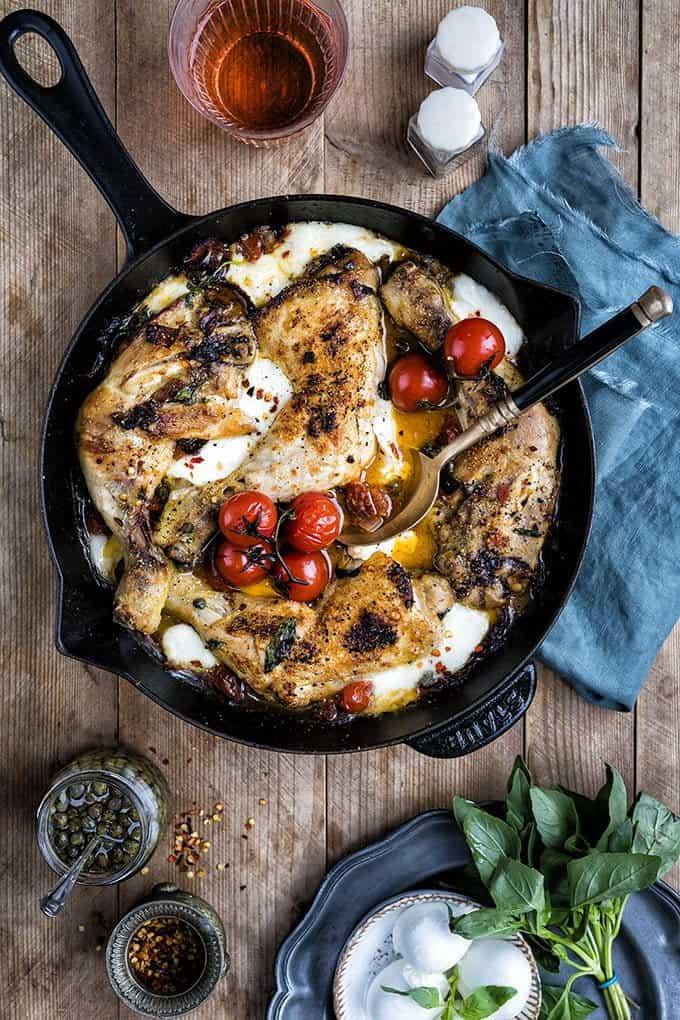 Skillet pizza chicken with pepperoni, mozzarella and spicy tomatoes