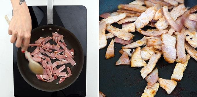 Split image: On the left, a hand stirs strips of raw pork in a frying pan on a stovetop. On the right, the cooked and browned pork is ready for your authentic Carbonara recipe.