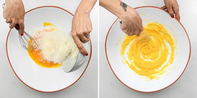 Two photos side by side: on the left, a person adds grated cheese to beaten eggs in a bowl; on the right, they whisk the mixture until smooth and yellow – the perfect start for an authentic Carbonara recipe.