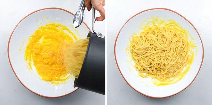Two images: On the left, cooked spaghetti is poured from a pot into a bowl with beaten eggs, starting an authentic Carbonara recipe. On the right, the spaghetti and eggs are mixed together in the bowl.