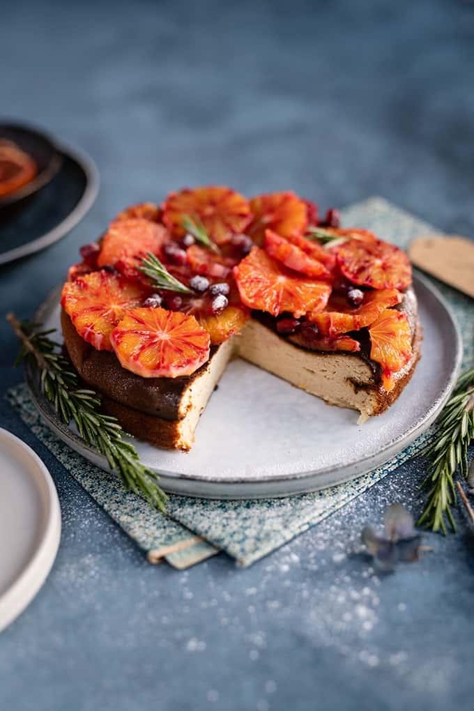 low calorie baked cheesecake decorated with orange slices