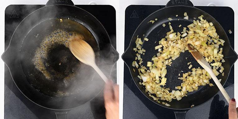 Deglazing the pan and cooking onions for chicken stroganoff
