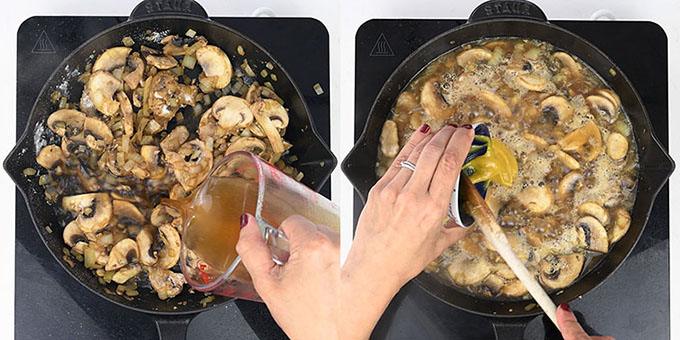 Pouring stock over golden mushrooms and stirring the sauce for chicken stroganoff