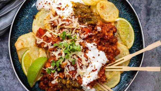 Chilli Con Carne served over air fryer potatoes