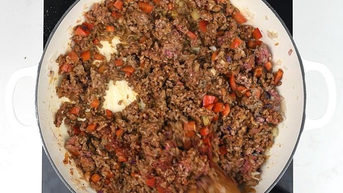 Browning beef and spices for chilli con carne