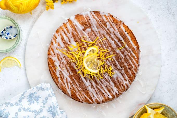Slimming World Lemon Drizzle cake decorated with lemon zest