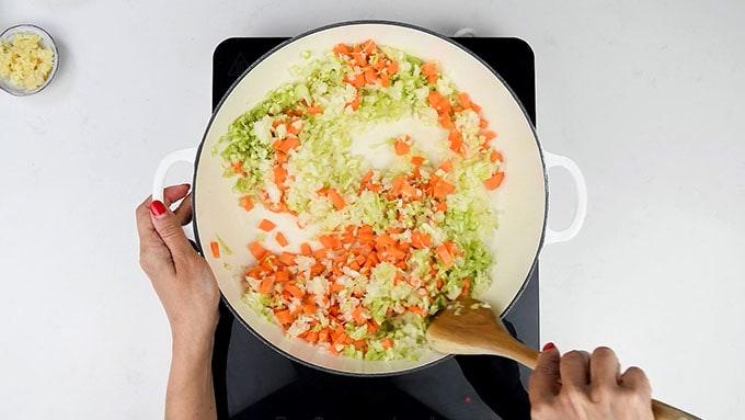 Frying soffrito for Bolognese