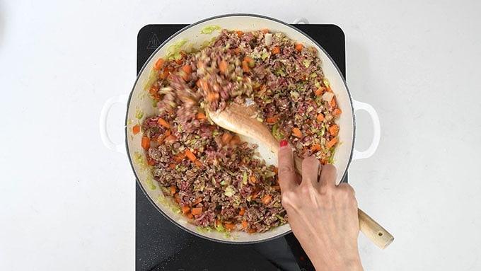 Browning ground beef in a pan
