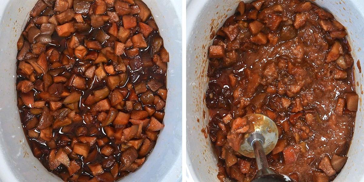 Side-by-side images show diced apples and spices in a slow cooker before and after cooking. The left image shows raw ingredients, while the right image shows the mixture being blended into a smooth apple butter.