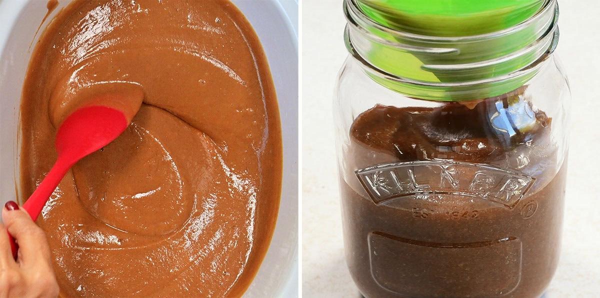 A red spoon stirs apple butter in a slow cooker on the left, while on the right, the spread is stored in a glass jar with a green lid.