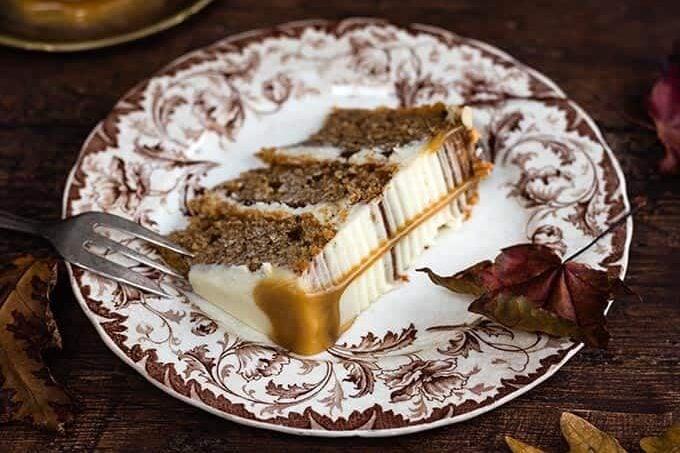 slice of Spiced apple layer cake with mascarpone frosting