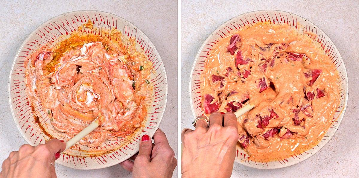Two side-by-side images show hands mixing ingredients in a bowl. The left image shows a creamy yogurt marinade being stirred, while the right image features chopped tomatoes being mixed in, preparing the base for flavorful beef biryani.