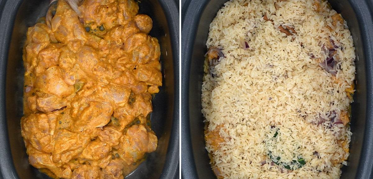 collage showing the layering of marinated spiced chicken and rice in a slow cooker