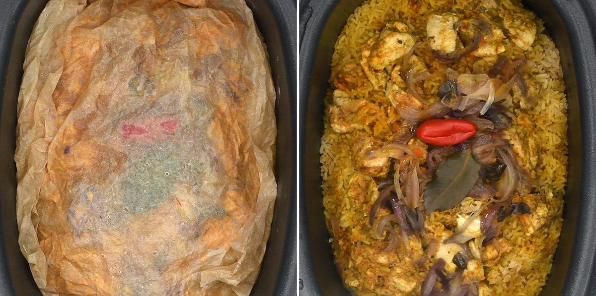 Chicken biryani in a slow cooker, collage showing before and after cooking