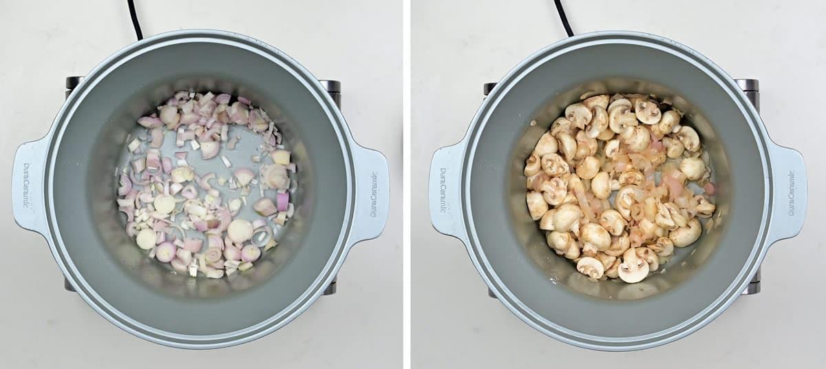 Side-by-side images show a pot with diced shallots being sautéed on the left, and the same pot with sliced mushrooms added on the right—essential steps for building rich flavor in Slow Cooker Chicken Chasseur.