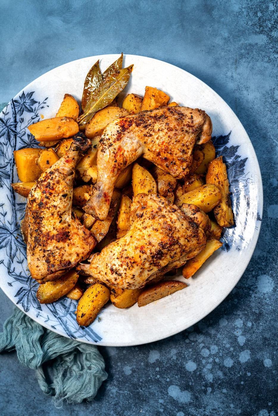 Slow cooker chicken and potatoes on a a platter