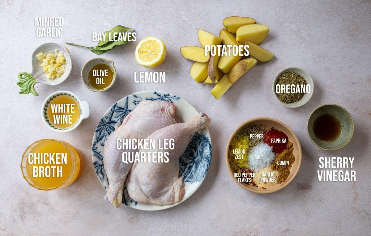 Ingredients for Greek slow cooker chicken and potatoes, labelled