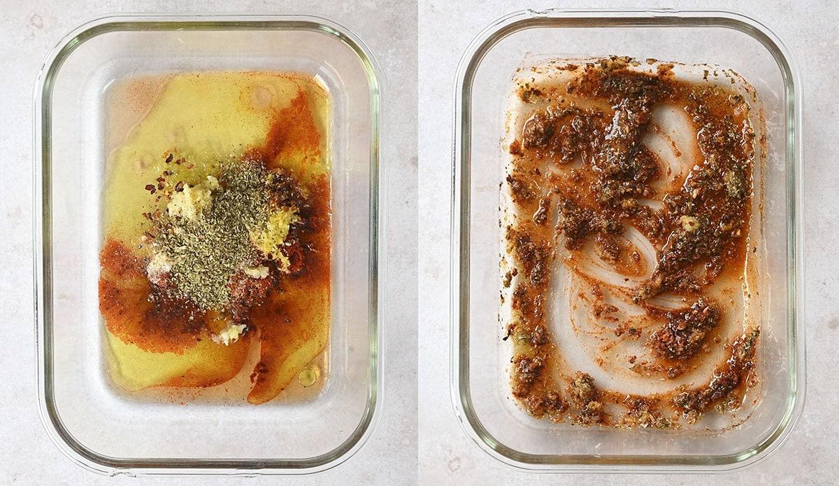Greek chicken marinade in a pyrex dish