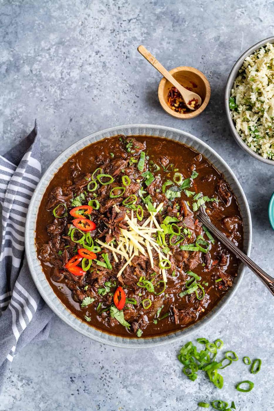 overhead view of a bowl of slow cooker Chinese beef