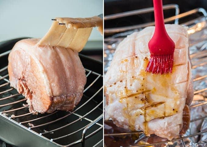 Two images side by side: On the left, a wooden brush applies glaze to a raw pork roast on a rack. On the right, a red silicone brush spreads glaze over another pork roast – perfect prep for slow cooker gammon – also on a metal rack.