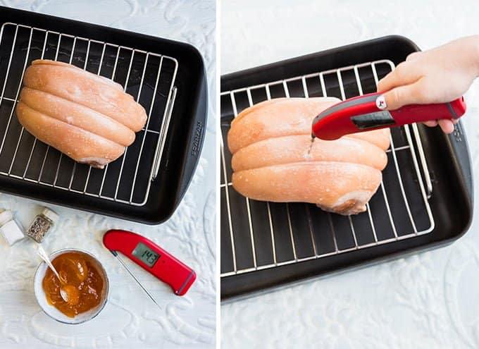 Two photos: Left, an uncooked, tied ham sits on a rack in a roasting pan. Right, a hand checks the ham’s temperature with a red digital thermometer – perfect steps before finishing your slow cooker gammon. A bowl of glaze and spices sit nearby.