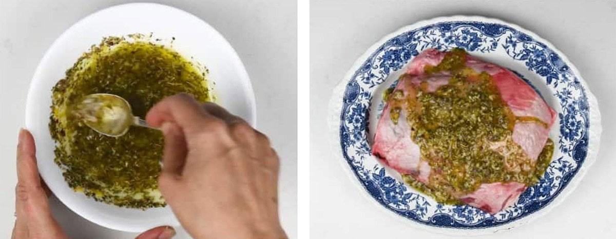 Photo 1: A hand stirs a herb and oil marinade in a white bowl for Lamb Kleftiko. Photo 2: A raw piece of meat on a decorative plate is coated with the marinade, ready for this classic lamb kleftiko recipe.