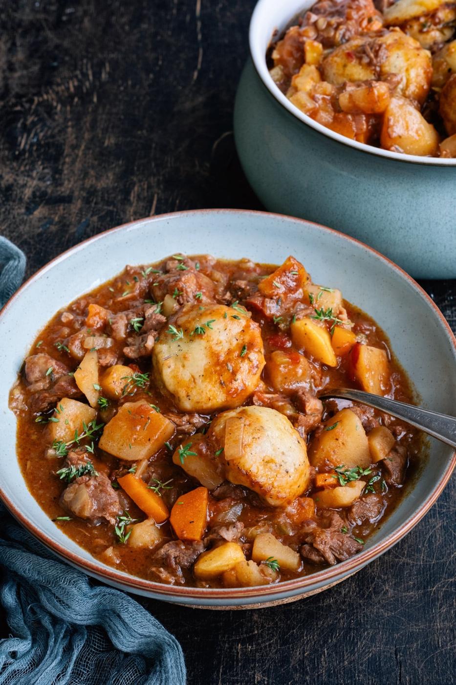 bowl of lamb casserole with dumplings