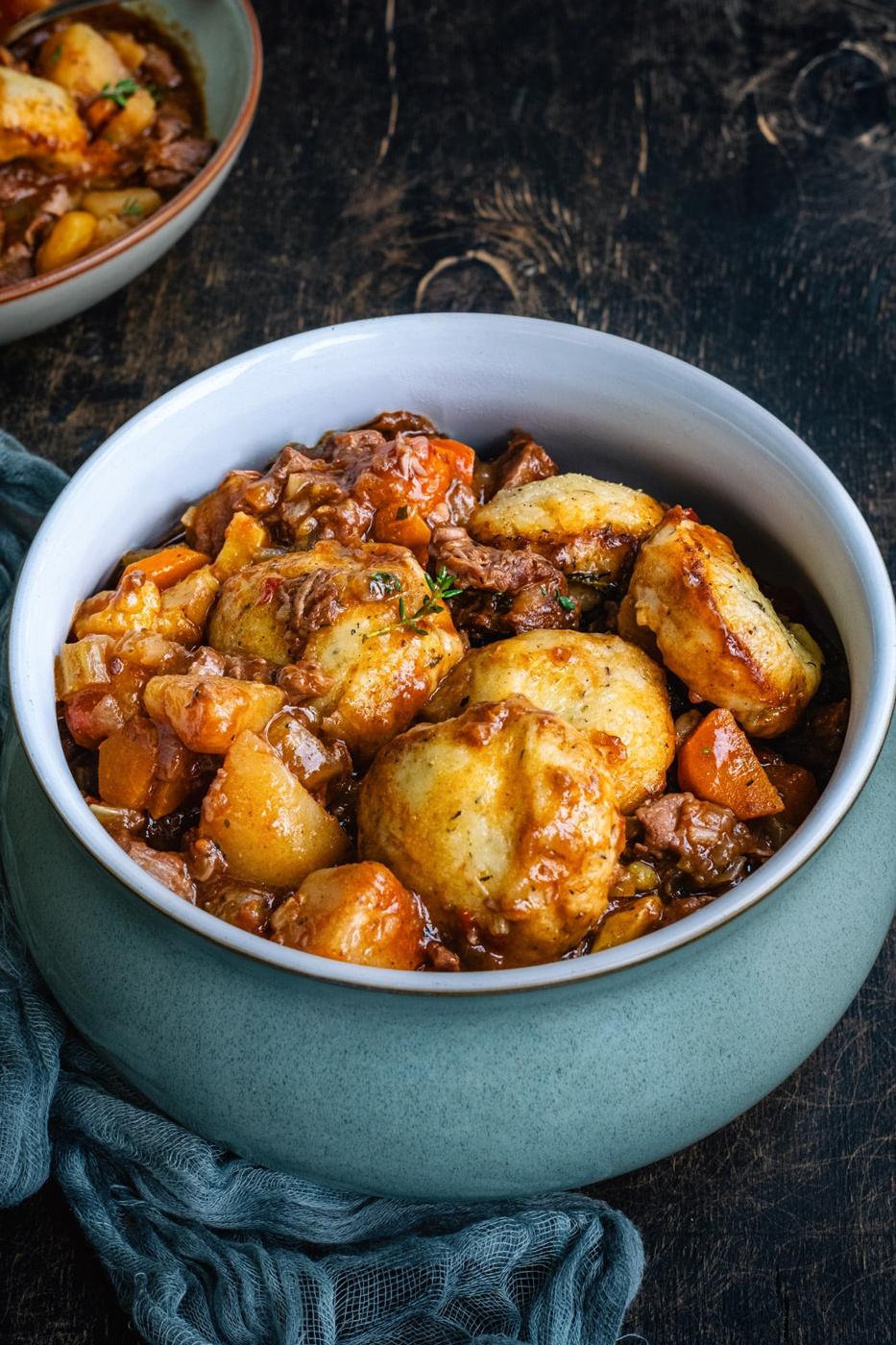 Bowl of hearty lamb stew with dumplings