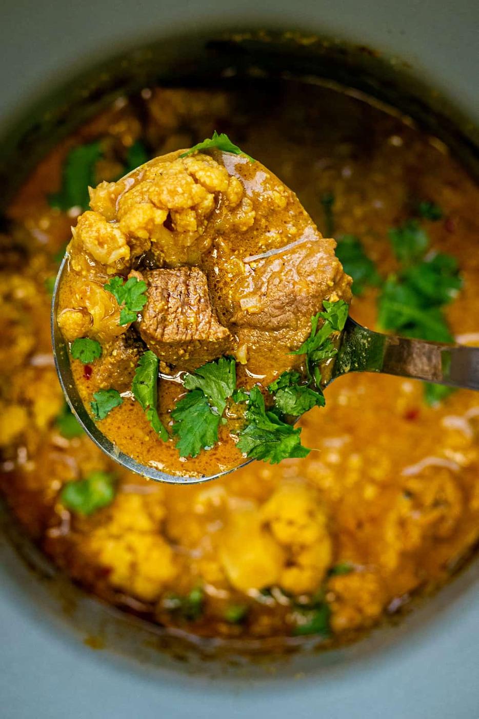 Close-up of a spoon holding a serving of spicy Slow Cooker Lamb Curry with chunks of meat and cauliflower, garnished with fresh cilantro leaves. The rich, golden-brown sauce hints at the dishs spiced flavors, and the pot in the background is filled with more curry.