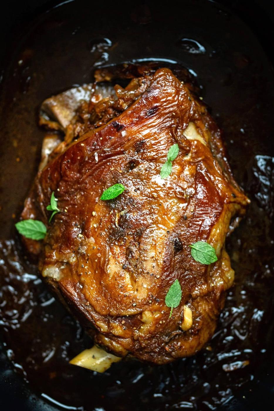 close up on shoulder of lamb cooked in the slow cooker