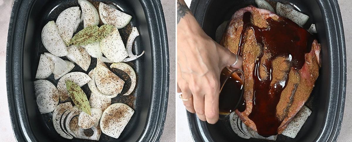two images showing how to make shoulder of lamb in a slow cooker
