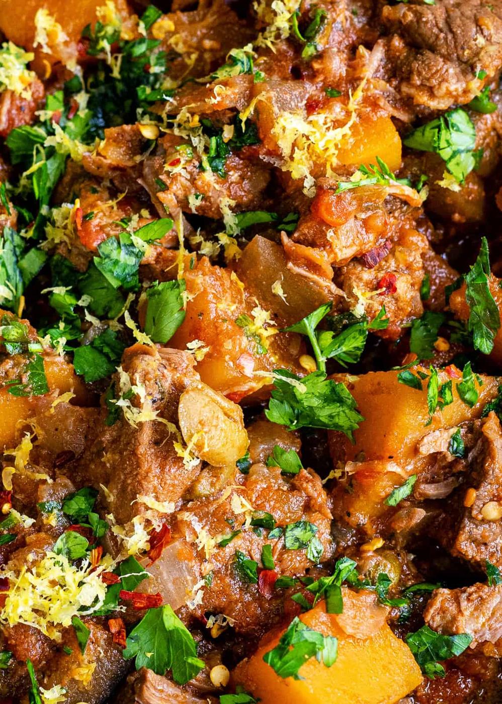 close up on bowl of lamb stew