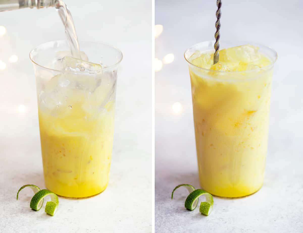 making a snowball drink in a highball glass