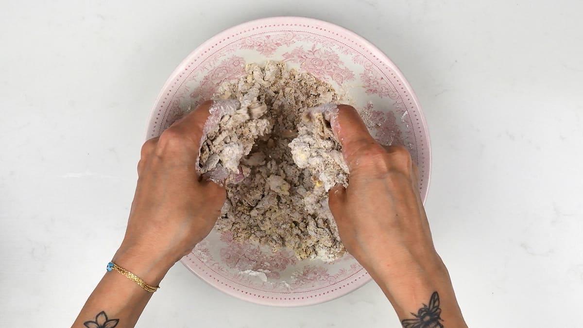 rubbing butter, sugar and flour together to make streusel