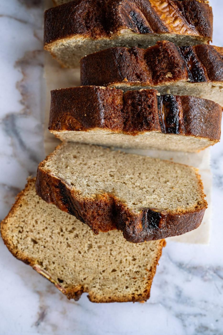 sourdough discard banana bread, sliced