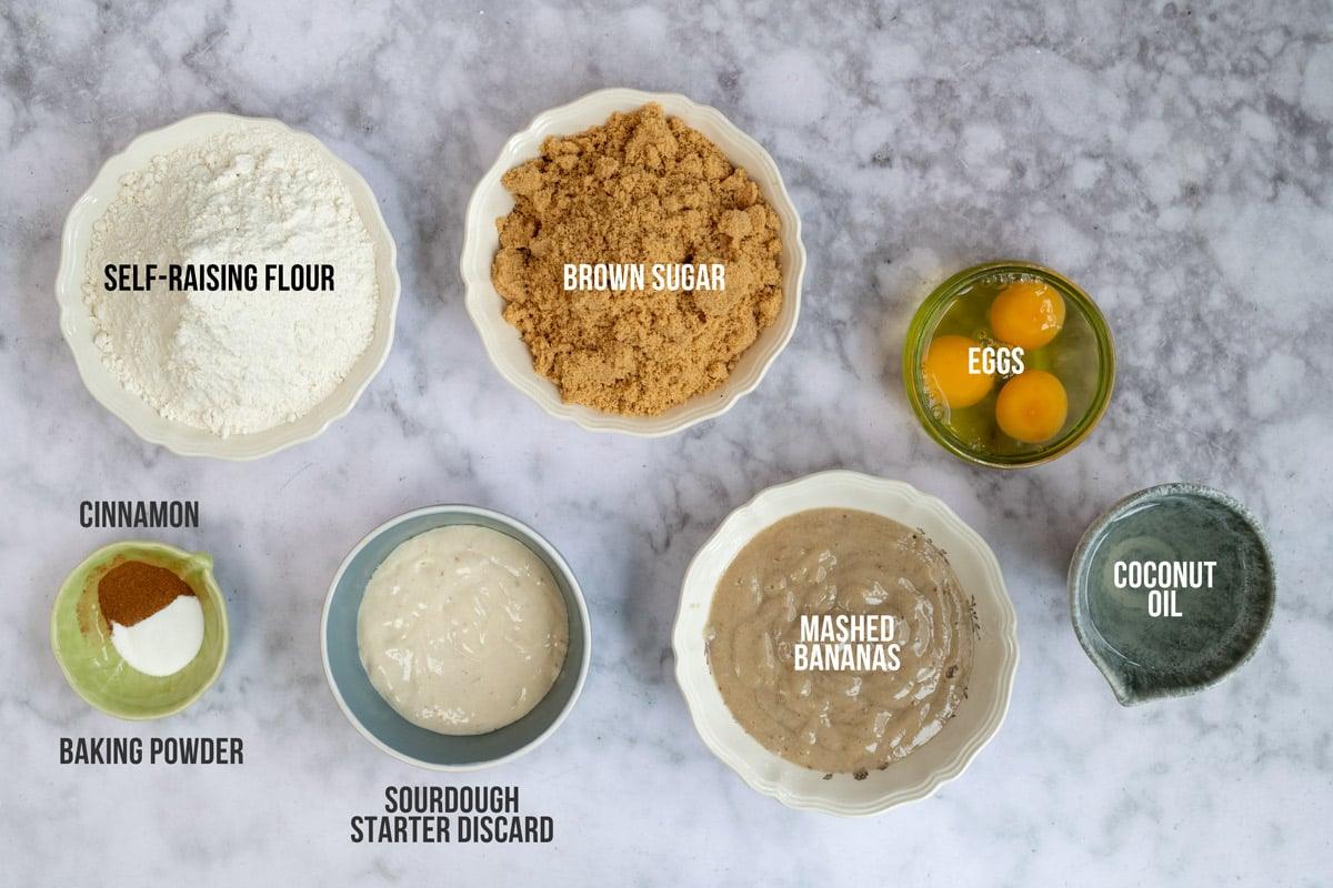 ingredients for sourdough discard banana bread with captions