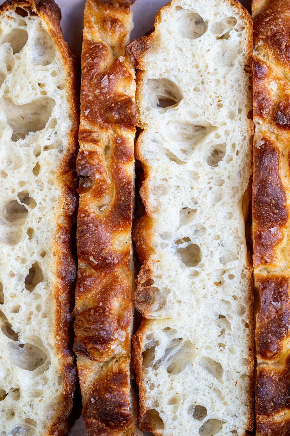 close up on slices of focaccia bread