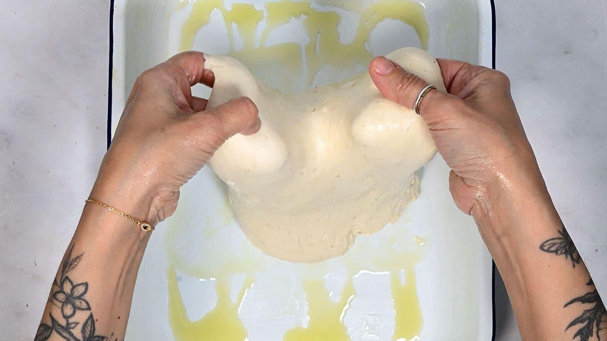 process shot making sourdough focaccia