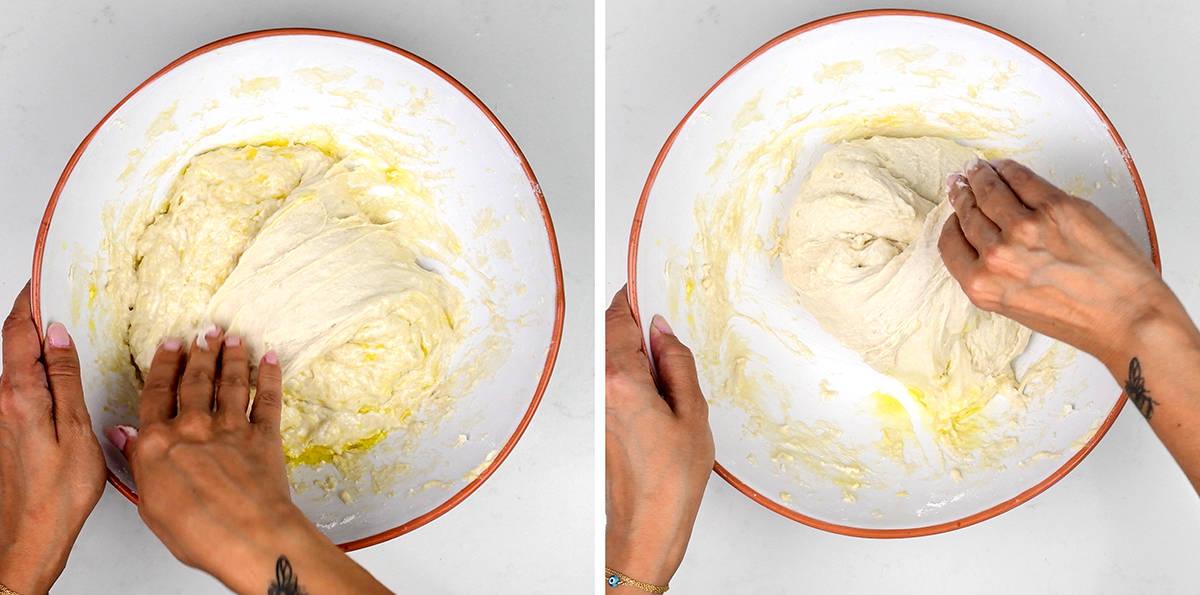 Two steps of stretching and folding pumpkin sourdough dough in a bowl, pulling the dough up and over itself.
