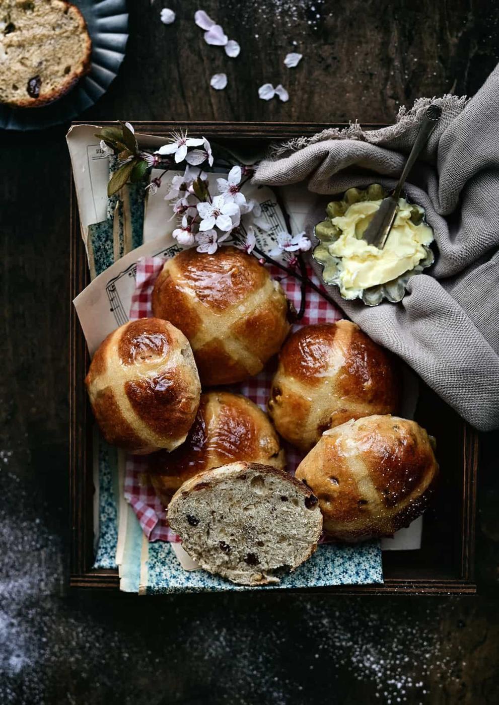 Overhead shot of traditional Easter hot cross buns