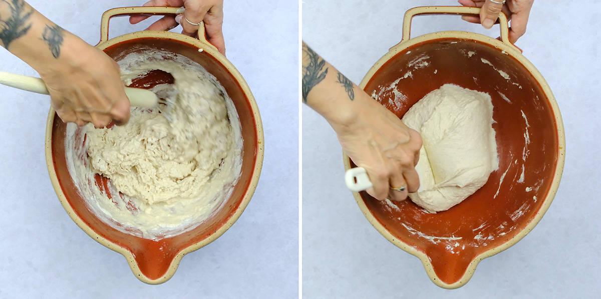 mixing dough for sourdough bread in a bowl