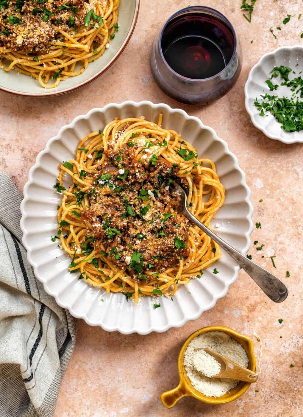 Bowl of spaghetti with Greek meat sauce