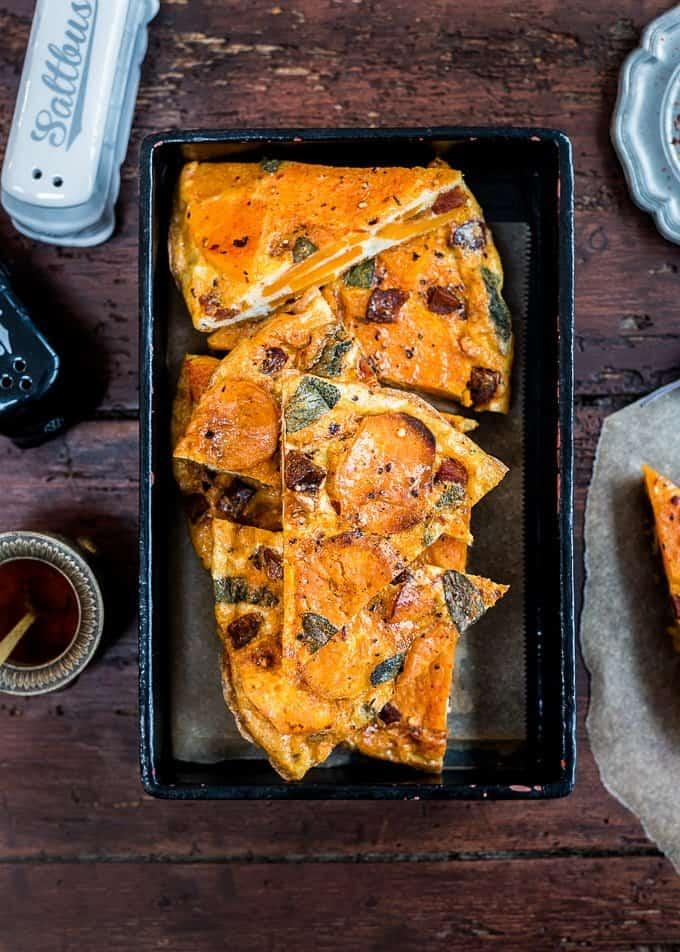 Spanish tortilla with chorizo, sweet potatoes and squash