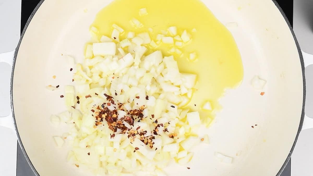 sweating onions and chilli flakes in olive oil