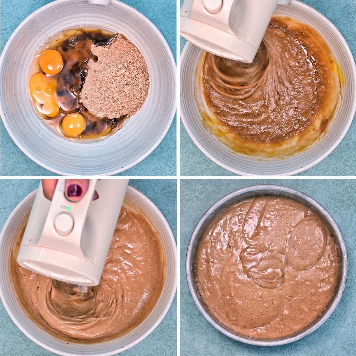Four images show apple butter cake batter being made: eggs and brown sugar in a bowl, a hand mixer blending the ingredients, the batter smoothing out as mixing continues, and finally, the finished cake batter in a round pan.