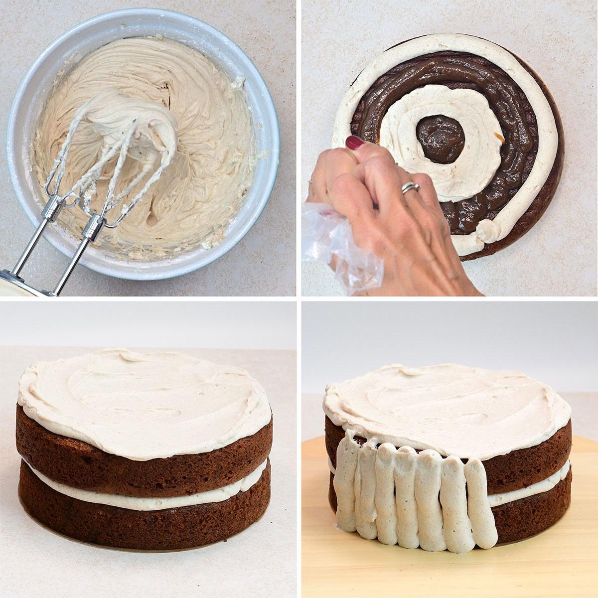 Four-step cake decorating process: Mixing frosting with a hand mixer, piping frosting and filling on a cake layer, stacking and frosting the cake, and piping vertical stripes of frosting on the cakes side.