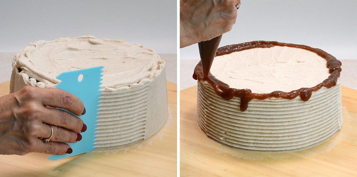 Split image: On the left, a hand smooths textured icing on a cake using a blue scraper. On the right, another hand pipes chocolate ganache around the top edge of the same cake.