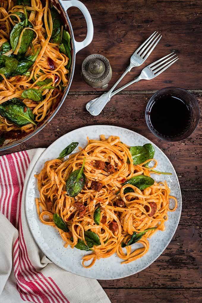 Linguine in spicy chorizo tomato sauce