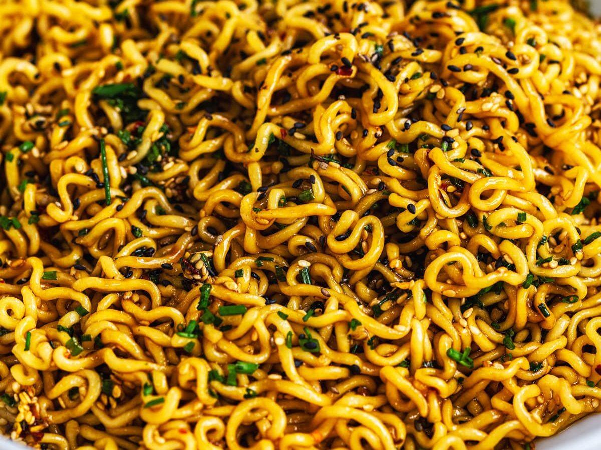 Spicy garlic noodles in a large bowl
